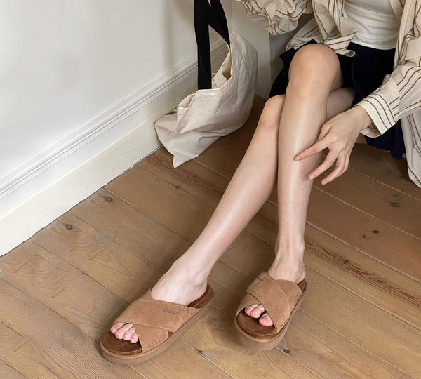 Women Sandals Suede Adjustable Crossover Slip-on Summer Slides Lilac