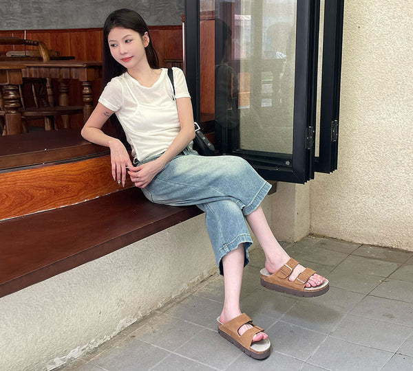 Adjustable Strap Embossed Slip-on Platform Summer Sandal Slides