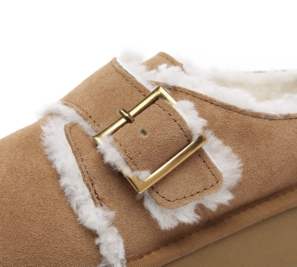 EVERAU® UGG Platform Slippers Sheepskin Wool Adjustable Buckle Ankle Booties Tobias - UGG Slippers - Chestnut - AU Ladies 10 / AU Men 8 / EU 41 - Uggoutlet
