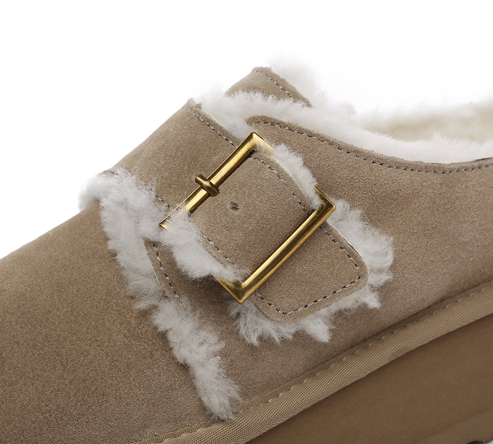 EVERAU® UGG Platform Slippers Sheepskin Wool Adjustable Buckle Ankle Booties Tobias - UGG Slippers - Sand - AU Ladies 10 / AU Men 8 / EU 41 - Uggoutlet