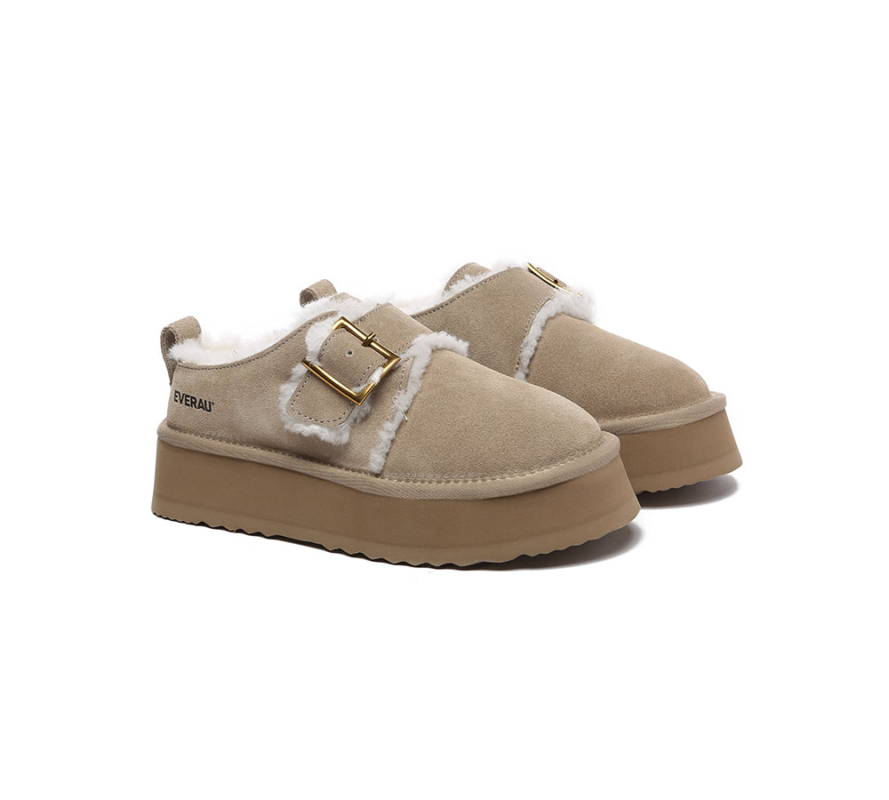 UGG Platform Slippers Sheepskin Wool Adjustable Buckle Ankle