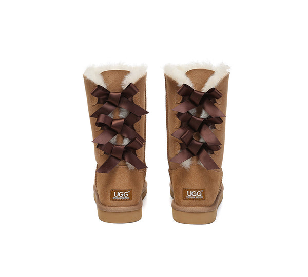 UGG Boots Women Double faced Sheepskin Wool Tall Back Bow
