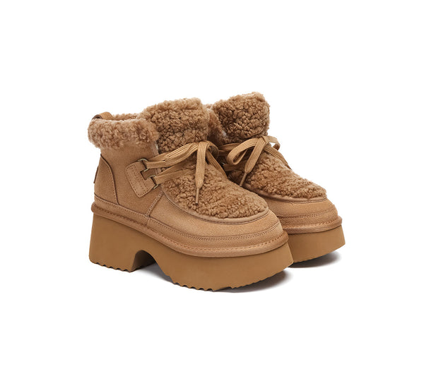 UGG Boots Women Sheepskin Wool Lace Up Chunky Platform Bumpy