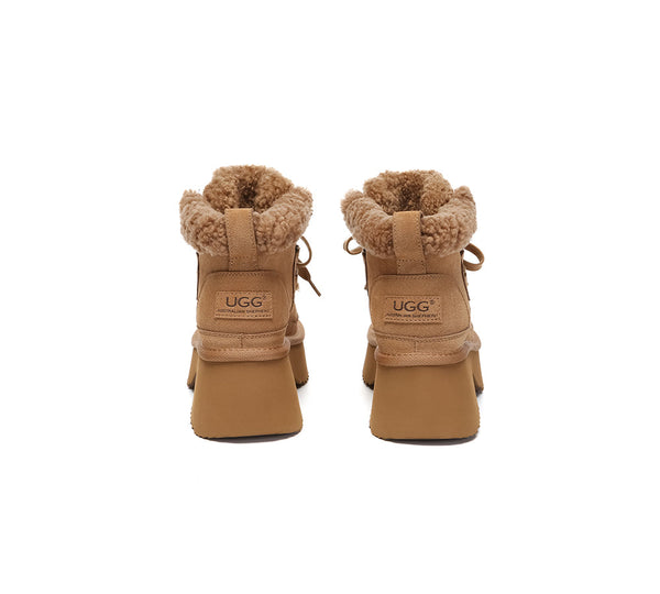 UGG Boots Women Sheepskin Wool Lace Up Chunky Platform Bumpy