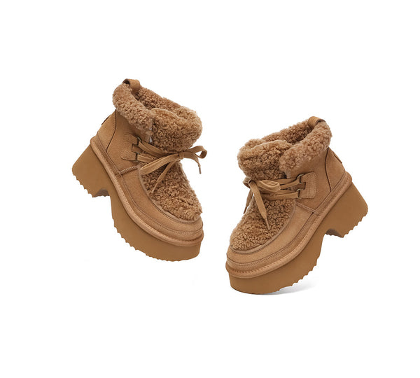 UGG Boots Women Sheepskin Wool Lace Up Chunky Platform Bumpy