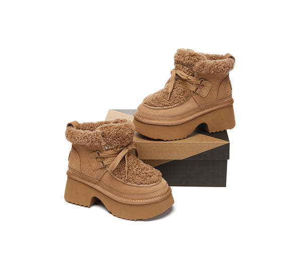 UGG Boots Women Sheepskin Wool Lace Up Chunky Platform Bumpy