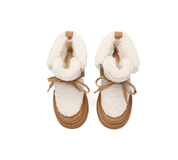 UGG Boots Women Sheepskin Wool Lace Up Chunky Platform Bumpy