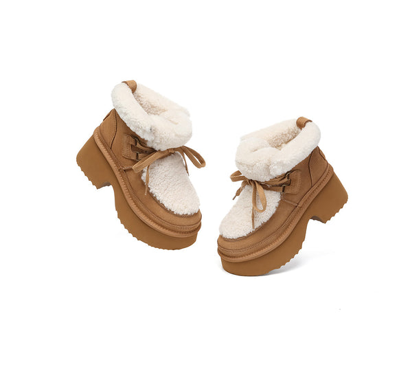 UGG Boots Women Sheepskin Wool Lace Up Chunky Platform Bumpy