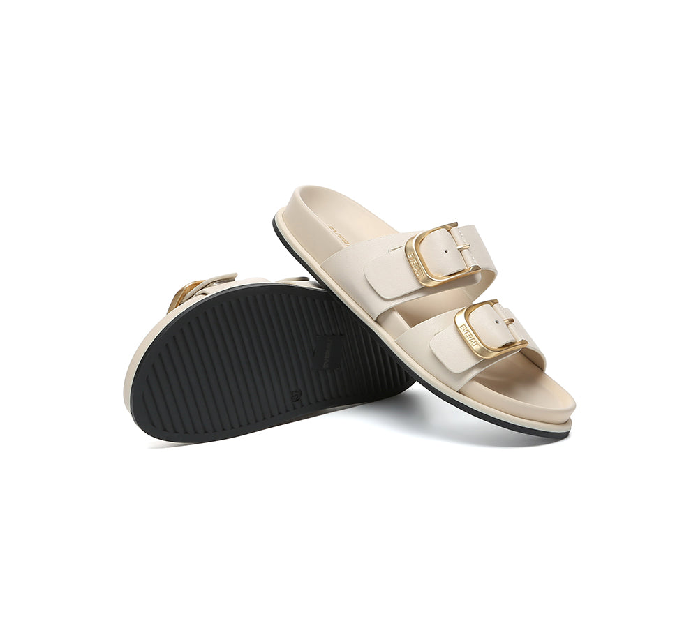EVERAU® Leather Flat Sandals Women Double Strap Buckle Mounish EVERAU