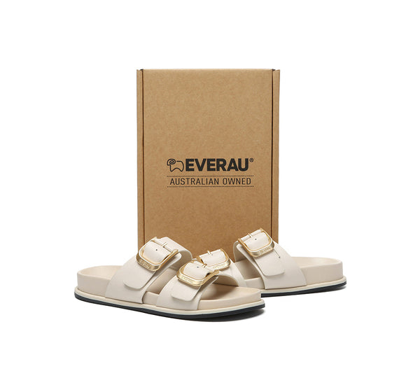 EVERAU® Leather Flat Sandals Women Double Strap Buckle Mounish EVERAU