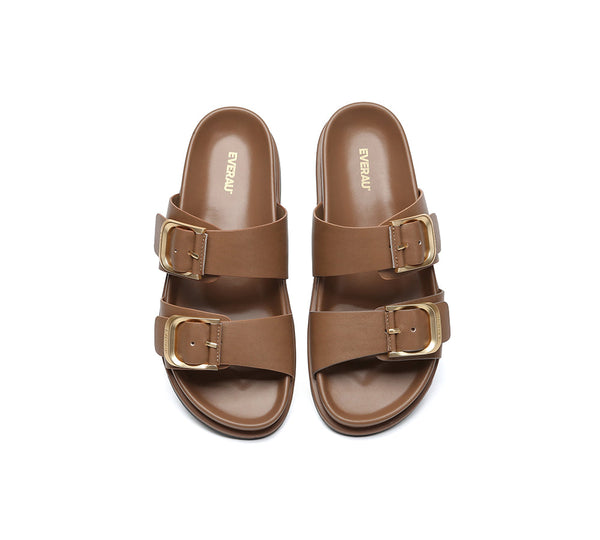 EVERAU® Leather Flat Sandals Women Double Strap Buckle Mounish EVERAU