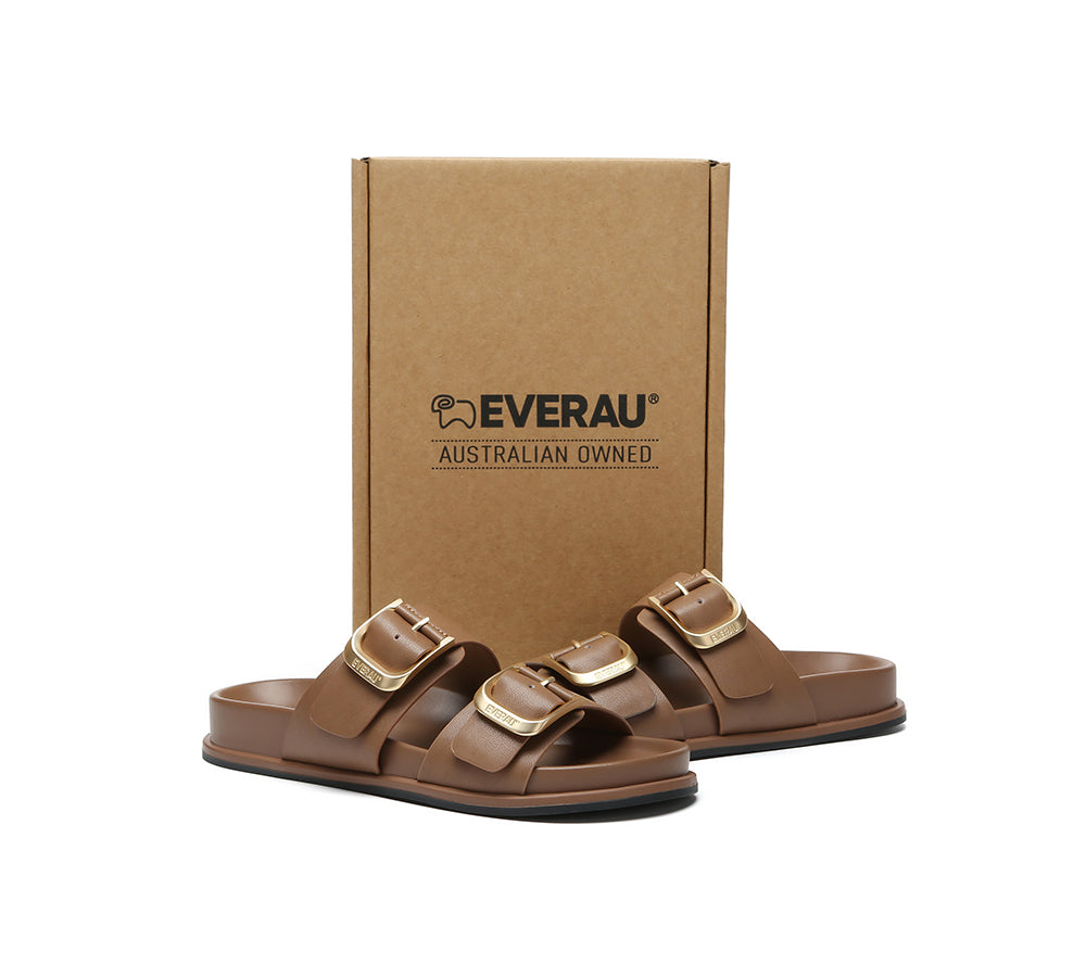 EVERAU® Leather Flat Sandals Women Double Strap Buckle Mounish EVERAU