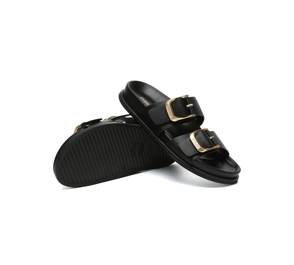 EVERAU® Leather Flat Sandals Women Double Strap Buckle Mounish EVERAU