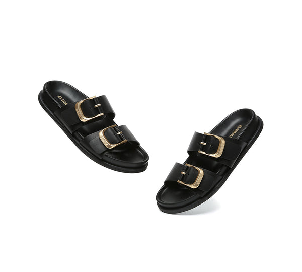 EVERAU® Leather Flat Sandals Women Double Strap Buckle Mounish EVERAU