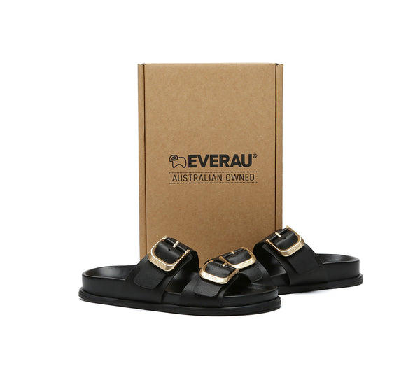 EVERAU® Leather Flat Sandals Women Double Strap Buckle Mounish EVERAU
