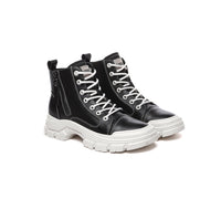 Women Leather Lace Up Zipper Chunky Boots Lorrin