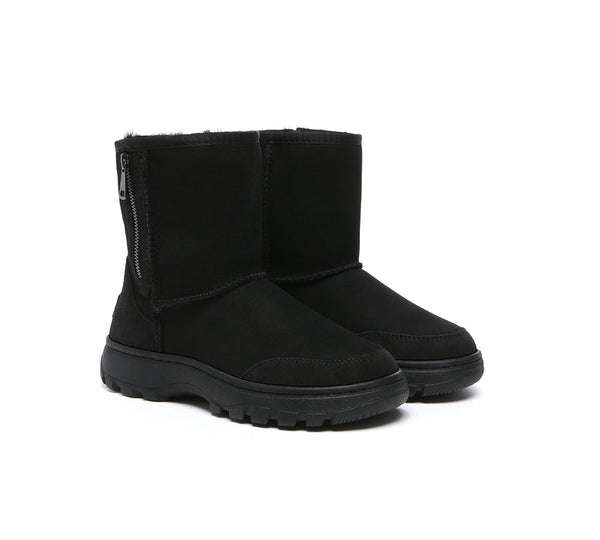 Women Men Sheepskin Wool Zipper Short Outdoor Boots