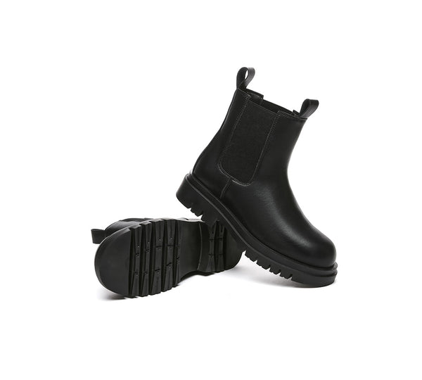 Women Leather Sheepskin Wool Black Chunky Boots Vaneta