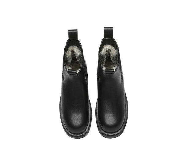 Women Leather Sheepskin Wool Black Chunky Boots Vaneta