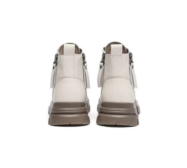 Women Leather Lace Up Zipper Chunky Boots Lorrin