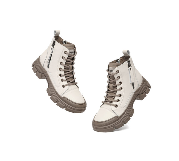 Women Leather Lace Up Zipper Chunky Boots Lorrin