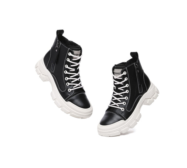 Women Leather Lace Up Zipper Chunky Boots Lorrin