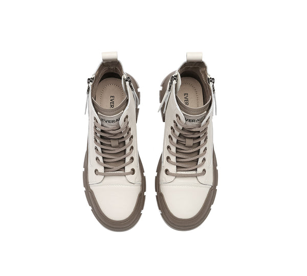 Women Leather Lace Up Zipper Chunky Boots Lorrin