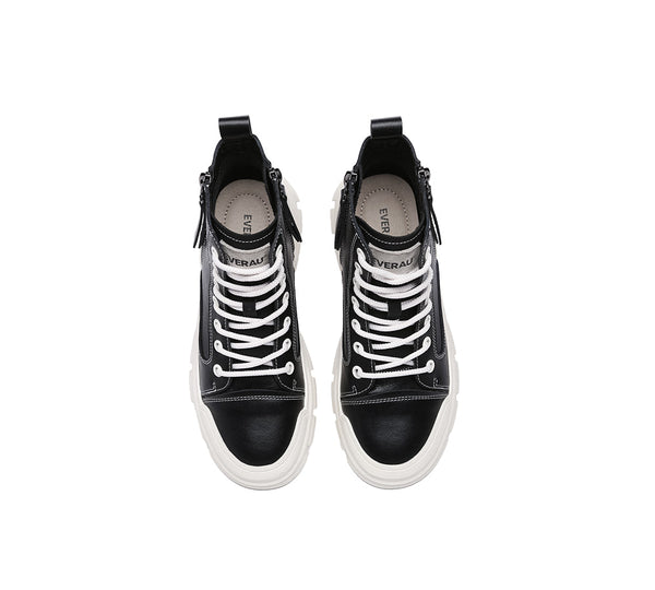 Women Leather Lace Up Zipper Chunky Boots Lorrin