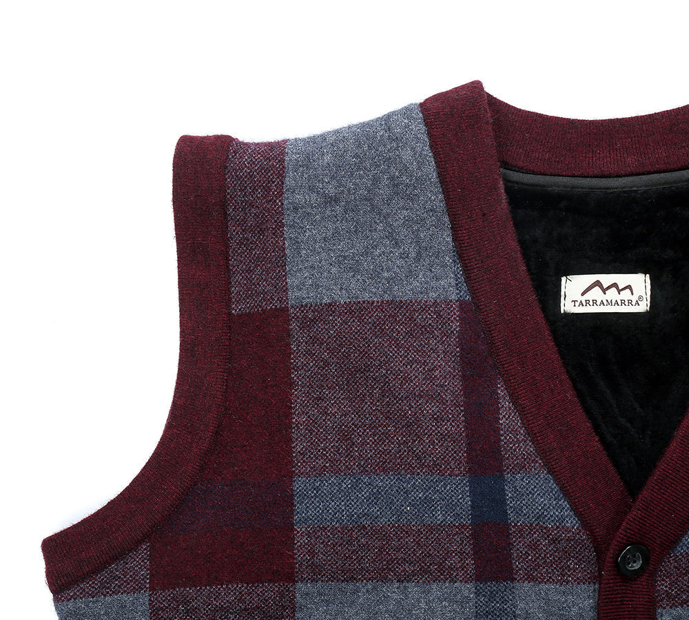 Apparel - TA Men Plaid Knitted Wool Vest Detachable Inner Fleece Lining