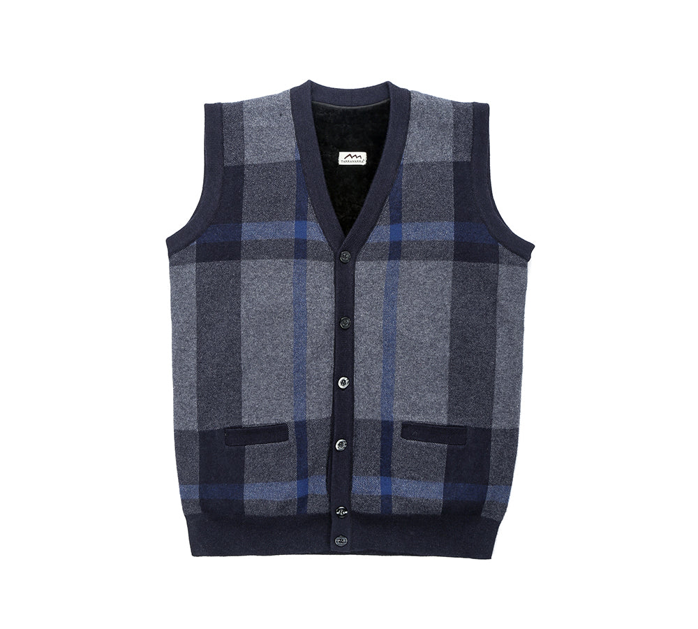 Apparel - TA Men Plaid Knitted Wool Vest Detachable Inner Fleece Lining