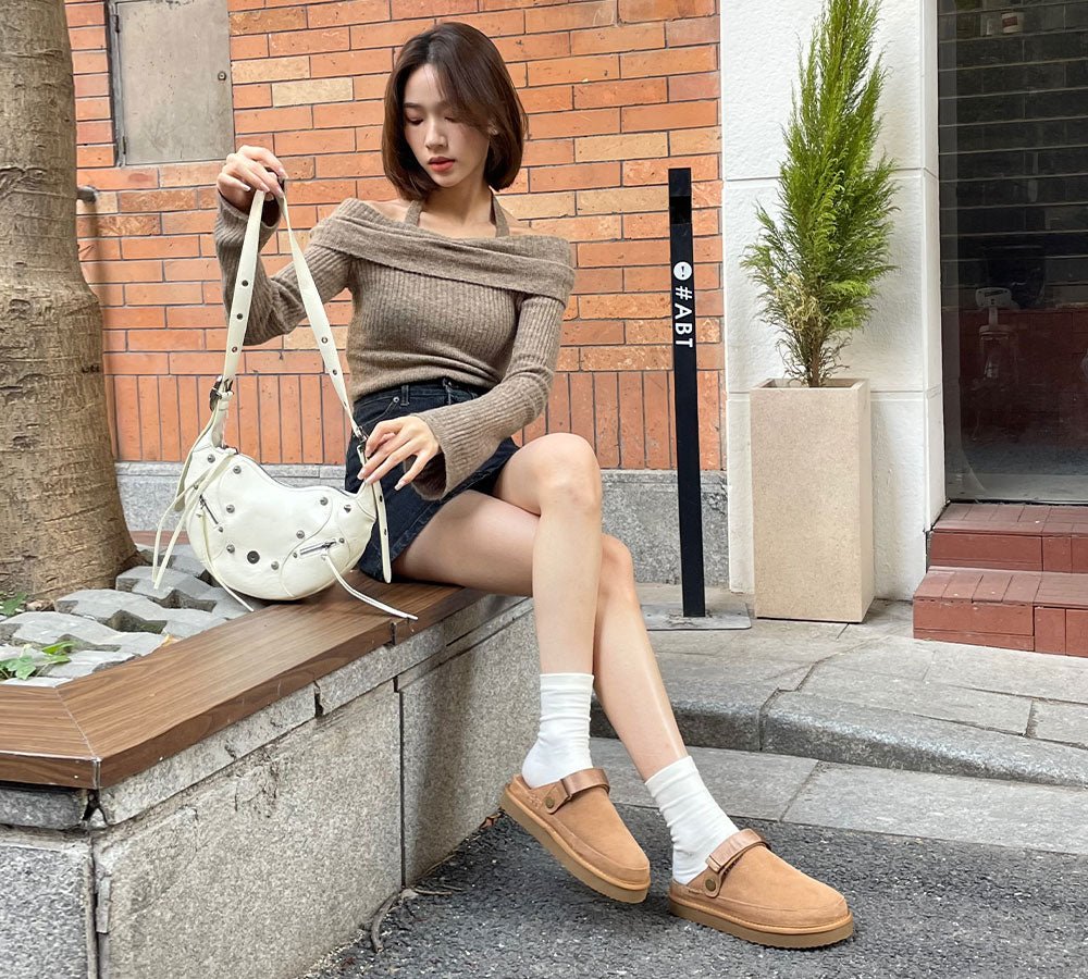 EVERAU Adjustable Strap Slip - on Flats Cow Suede Upper Sandals Slippers Sierra - Slides - Chestnut - Uggoutlet