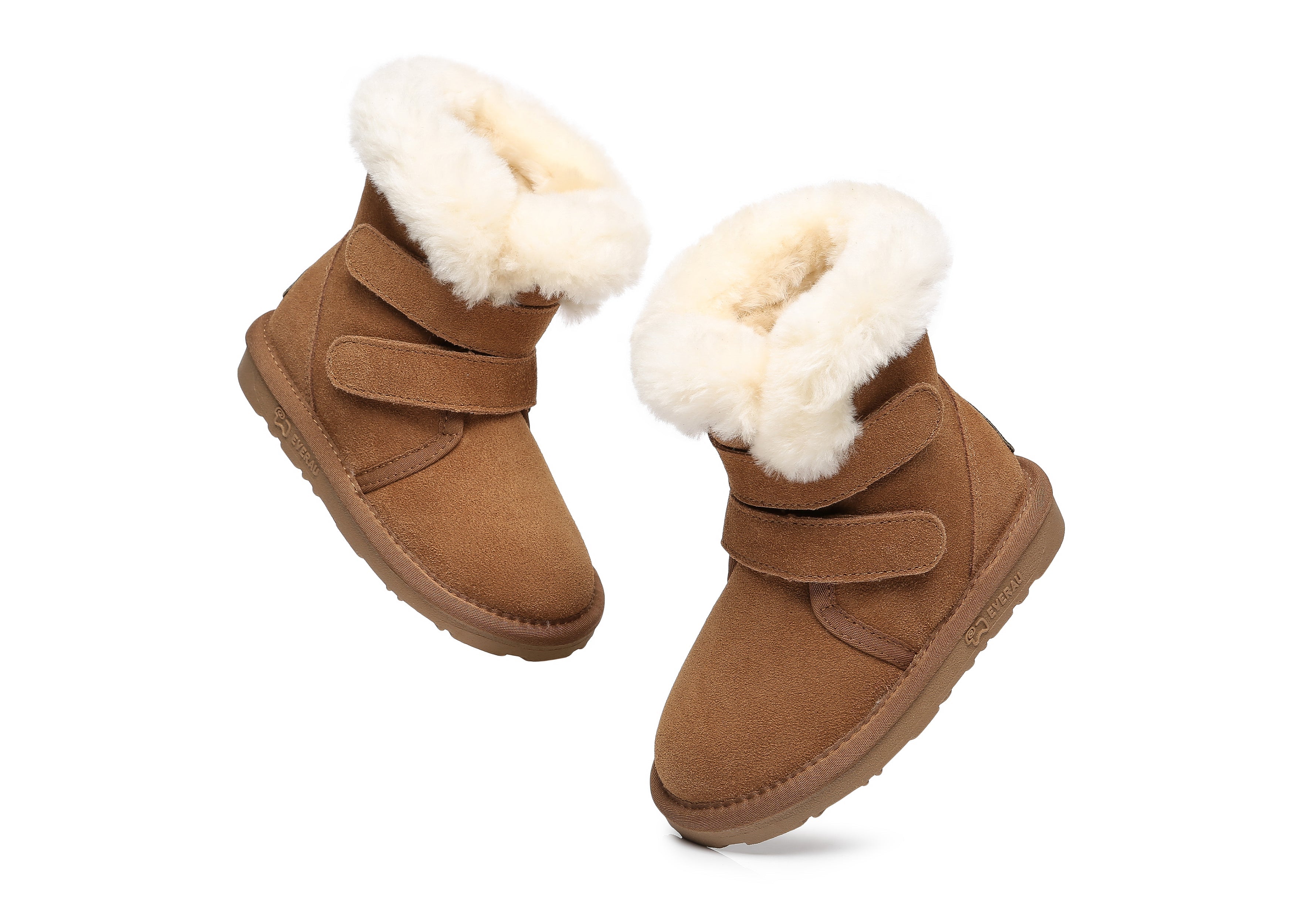 EVERAU® Double Hook And Loop Strap Sheepskin Boots Kids Nordic - UGG Boots - Chestnut - AU Kids 6-7 / EU 25 - Uggoutlet