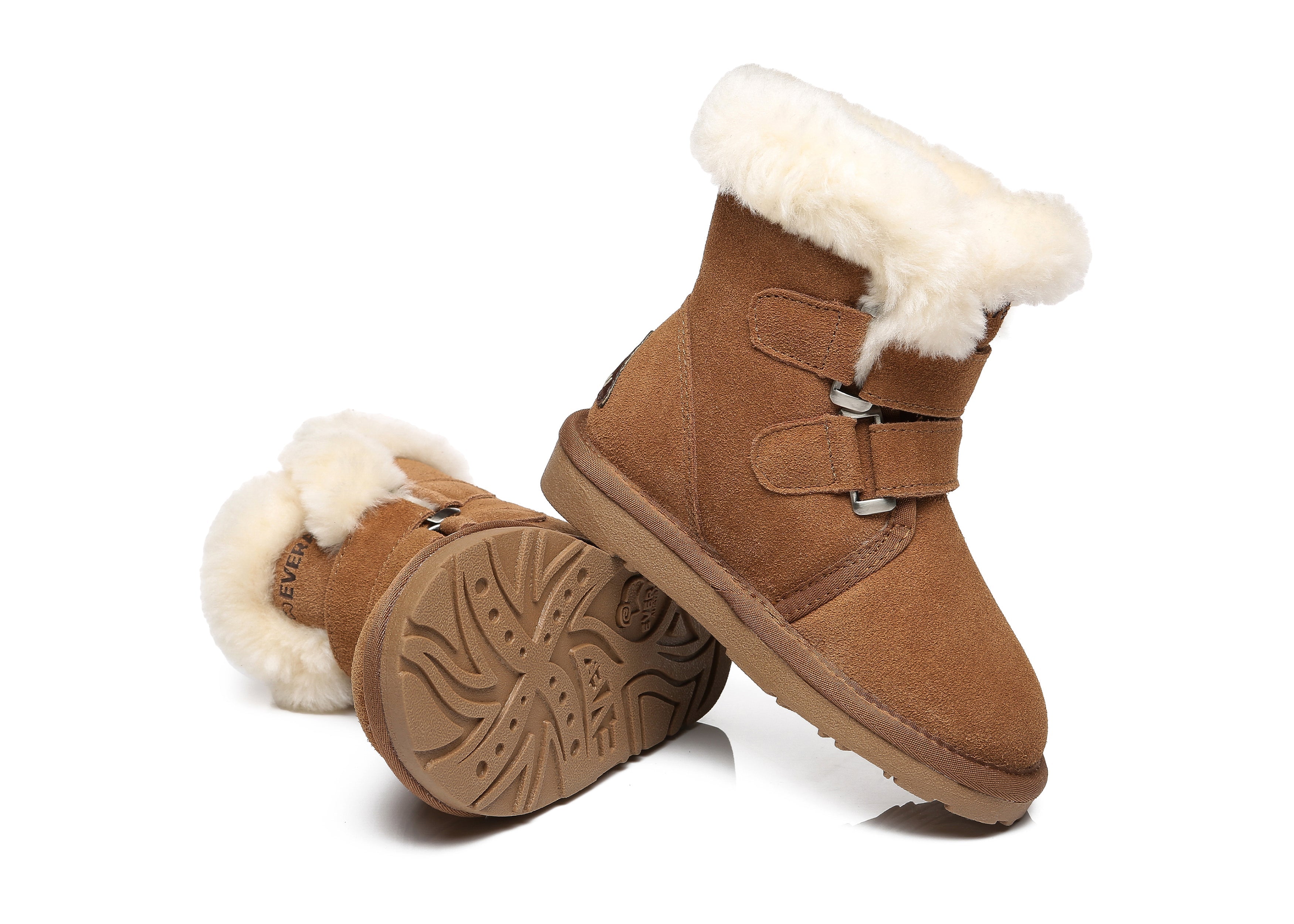 EVERAU® Double Hook And Loop Strap Sheepskin Boots Kids Nordic - UGG Boots - Chestnut - AU Kids 6-7 / EU 25 - Uggoutlet