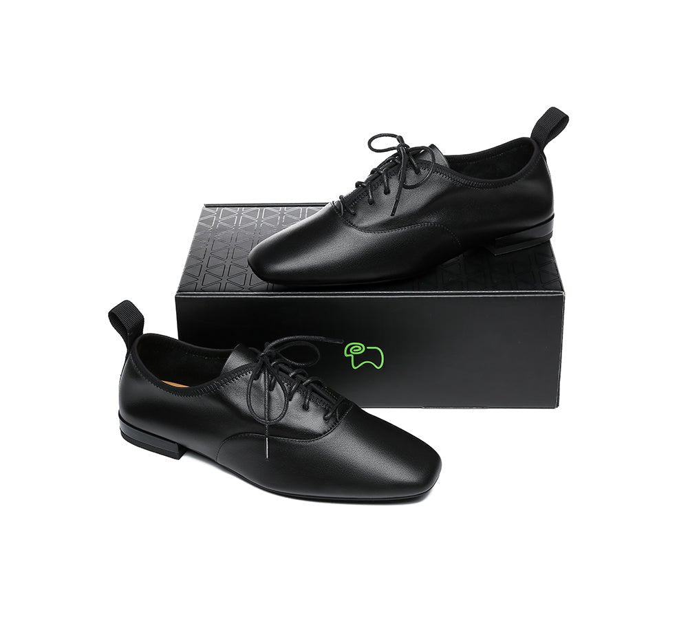 EVERAU® Lace Up Leather Flats Women Kara - Flats - Black - AU Ladies 4 / AU Men 2 / EU 35 - Uggoutlet