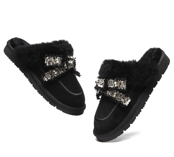 EVERAU® Premium Sheepskin Bow Slipper Women Barbra - UGG Slippers - Black - AU Ladies 4 / AU Men 2 / EU 35 - Uggoutlet