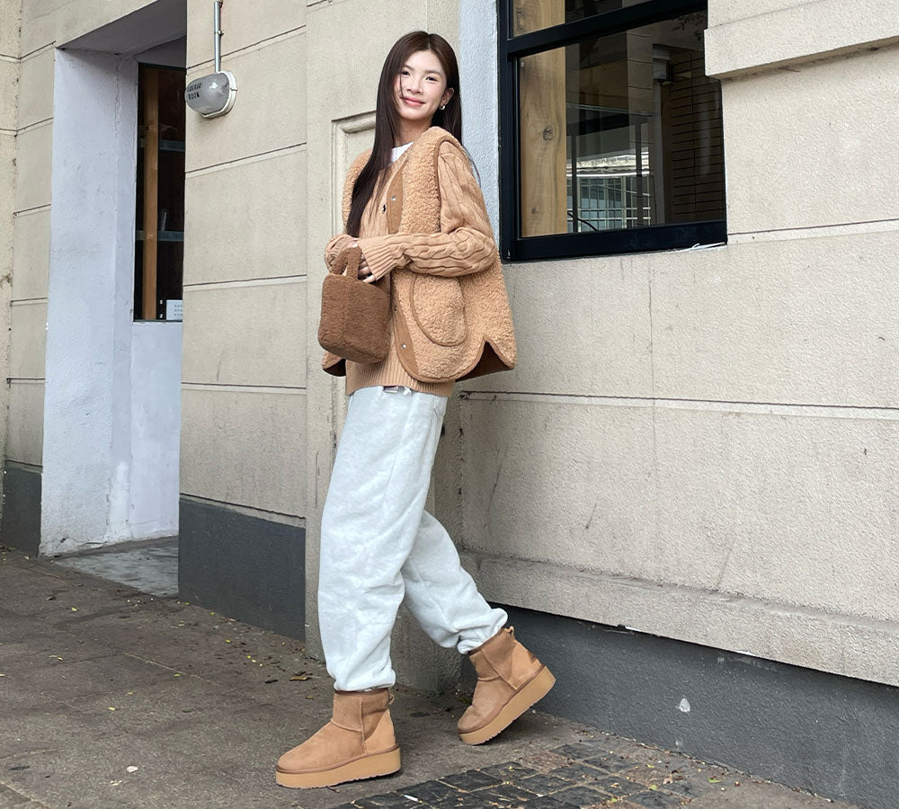 EVERAU UGG Boots Sheepskin Wool Ankle Platform Thick Bottom Mini Classic - UGG Boots - Chestnut - Uggoutlet