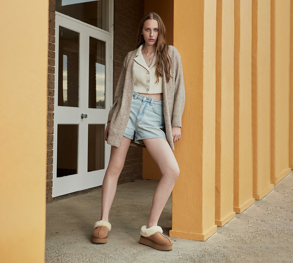 EVERAU UGG Slippers Women Sheepskin Wool Collar Ankle Platform Ankle Booties Gabri - UGG Slippers - Chestnut - Uggoutlet