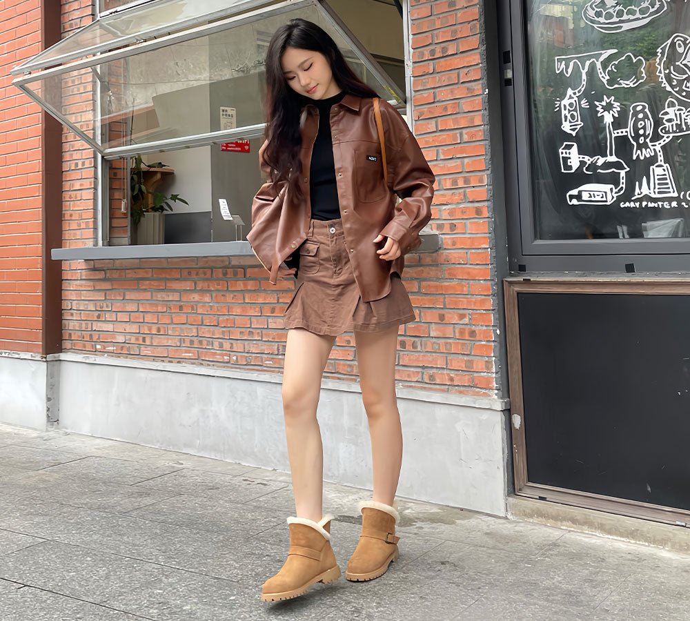 EVERAU UGG Women Sheepskin Wool Buckle Decor Ankle Boots Polarwalk - UGG Boots - Chestnut - Uggoutlet