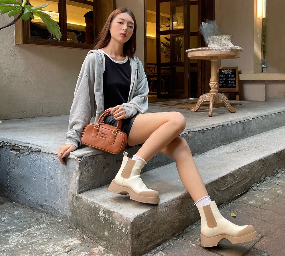 EVERAU Women Leather Ankle Chunky Boots Mindy - UGG Boots - Cream - Uggoutlet