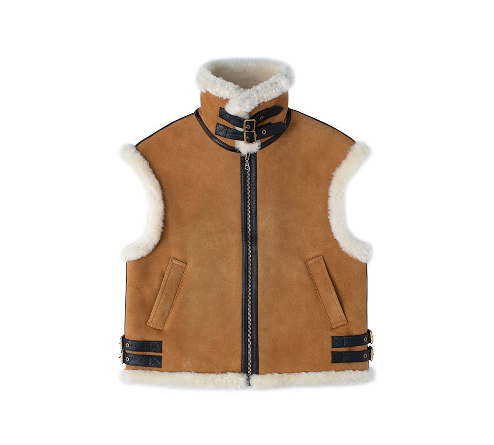 Fluffy Sheepskin Wool Zip Sleeveless Vest Dale - Vest - Chestnut - M - Uggoutlet