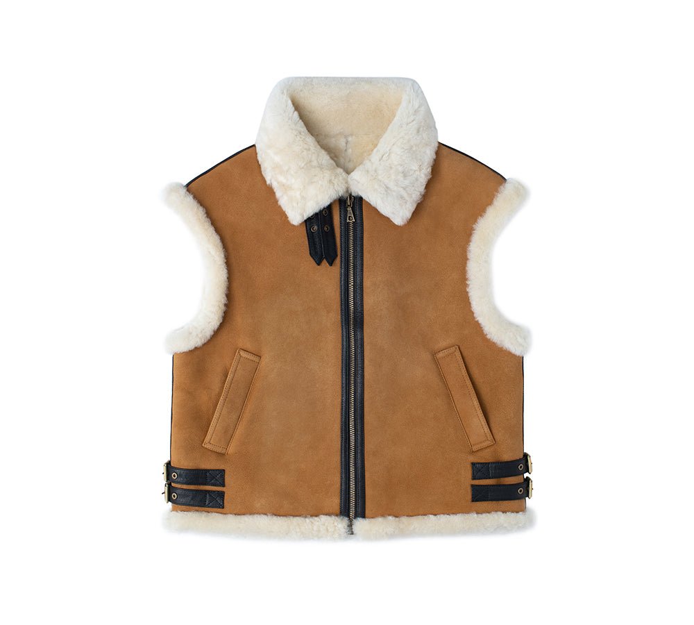 Fluffy Sheepskin Wool Zip Sleeveless Vest Dale - Vest - Chestnut - M - Uggoutlet