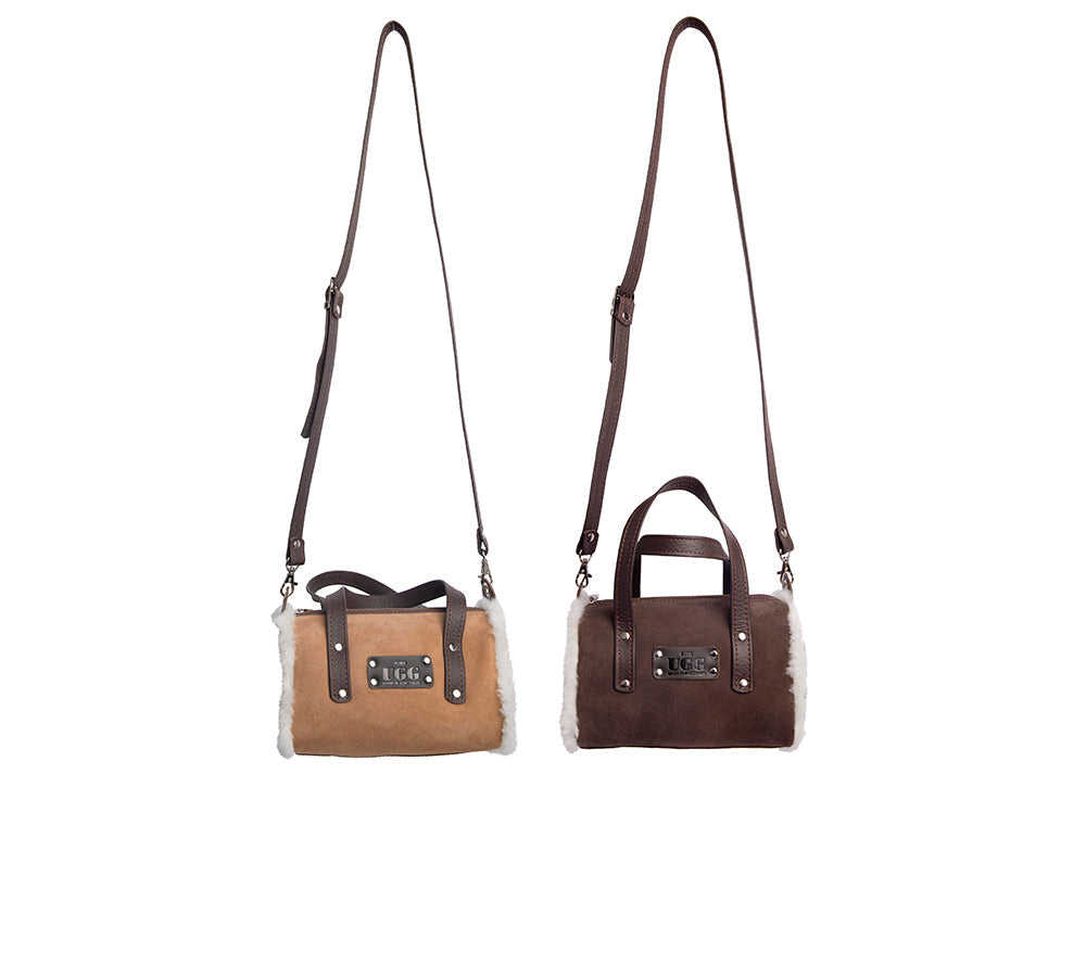 Women Sheepskin Wool Medium Hand Carry Shoulder Strap Zip Barrel Bag - UGG EXPRESS