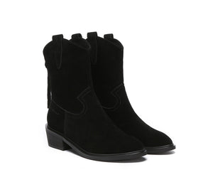 Leather Boots - EVERAU® Women Leather Zipper Pointed Toe Block Heel Boots Lewis
