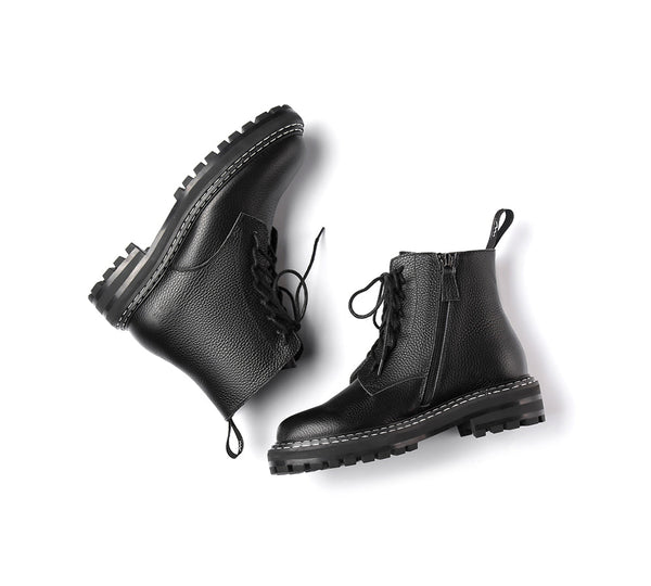 Leather Boots - Zipper Chunky Black Leather Boots Women Leona