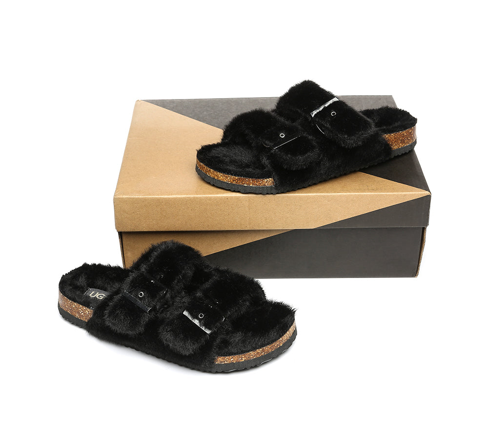 Slides - AS UGG Women Fluffy Flat Sandal Slide Myla