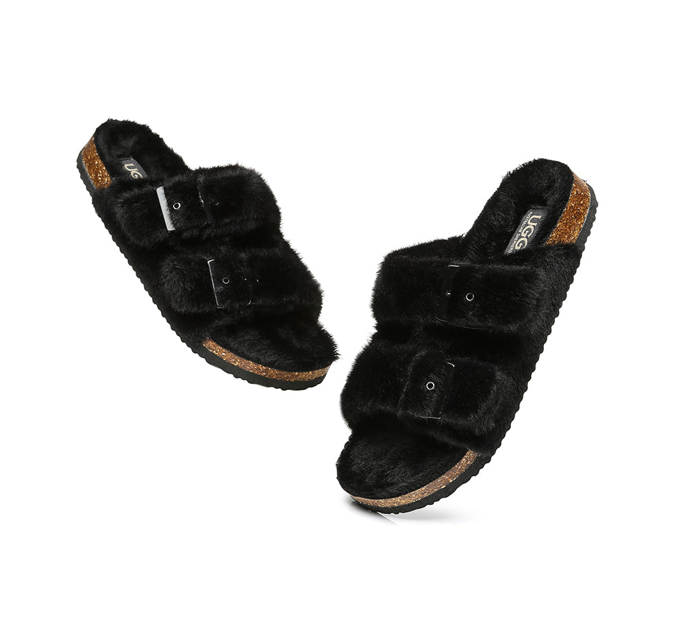 Slides - AS UGG Women Fluffy Flat Sandal Slide Myla