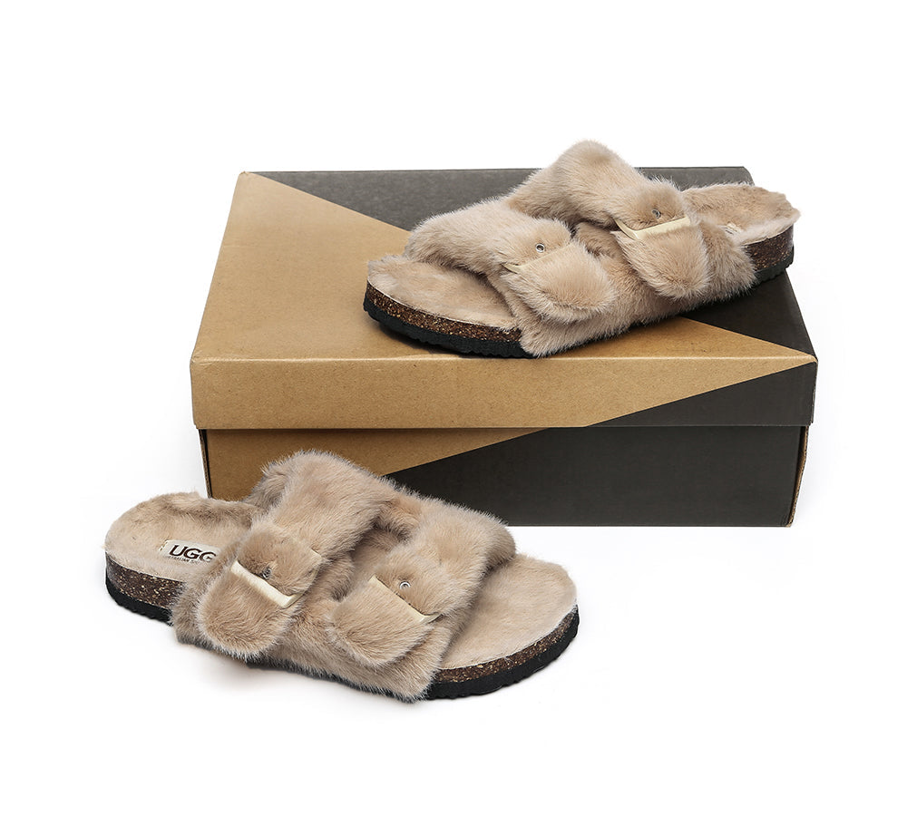 Slides - AS UGG Women Fluffy Flat Sandal Slide Myla