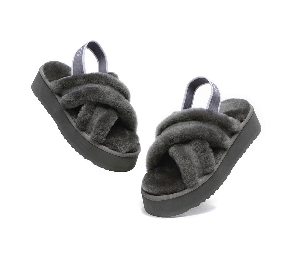 Slides - AS UGG Women High Platform Cross-over Fluffy Slides Aditi