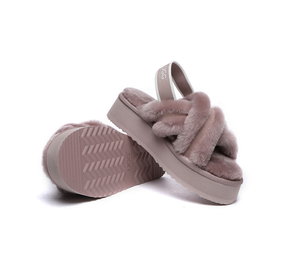 Slides - AS UGG Women High Platform Cross-over Fluffy Slides Aditi