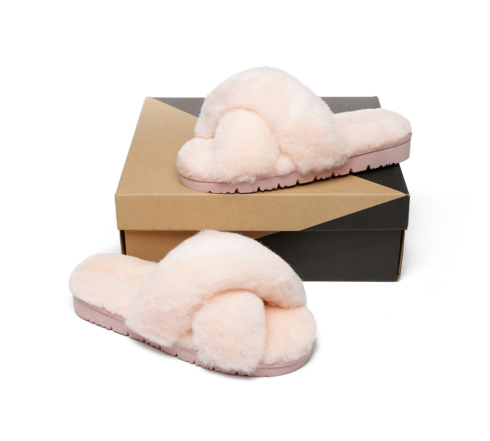 Slides - Leanna Women Fluffy Crossover Slides